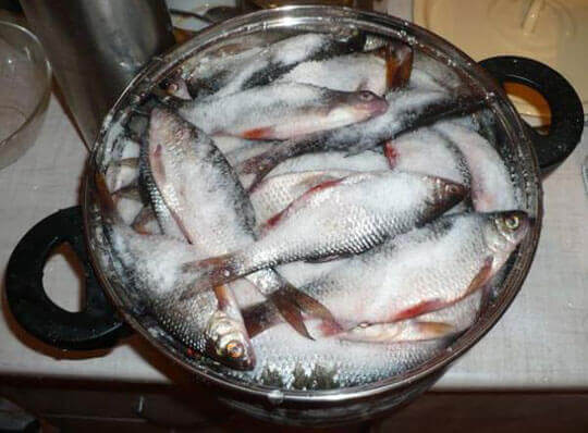 Риба на етапі сушки у кастрюлі з сіллю
