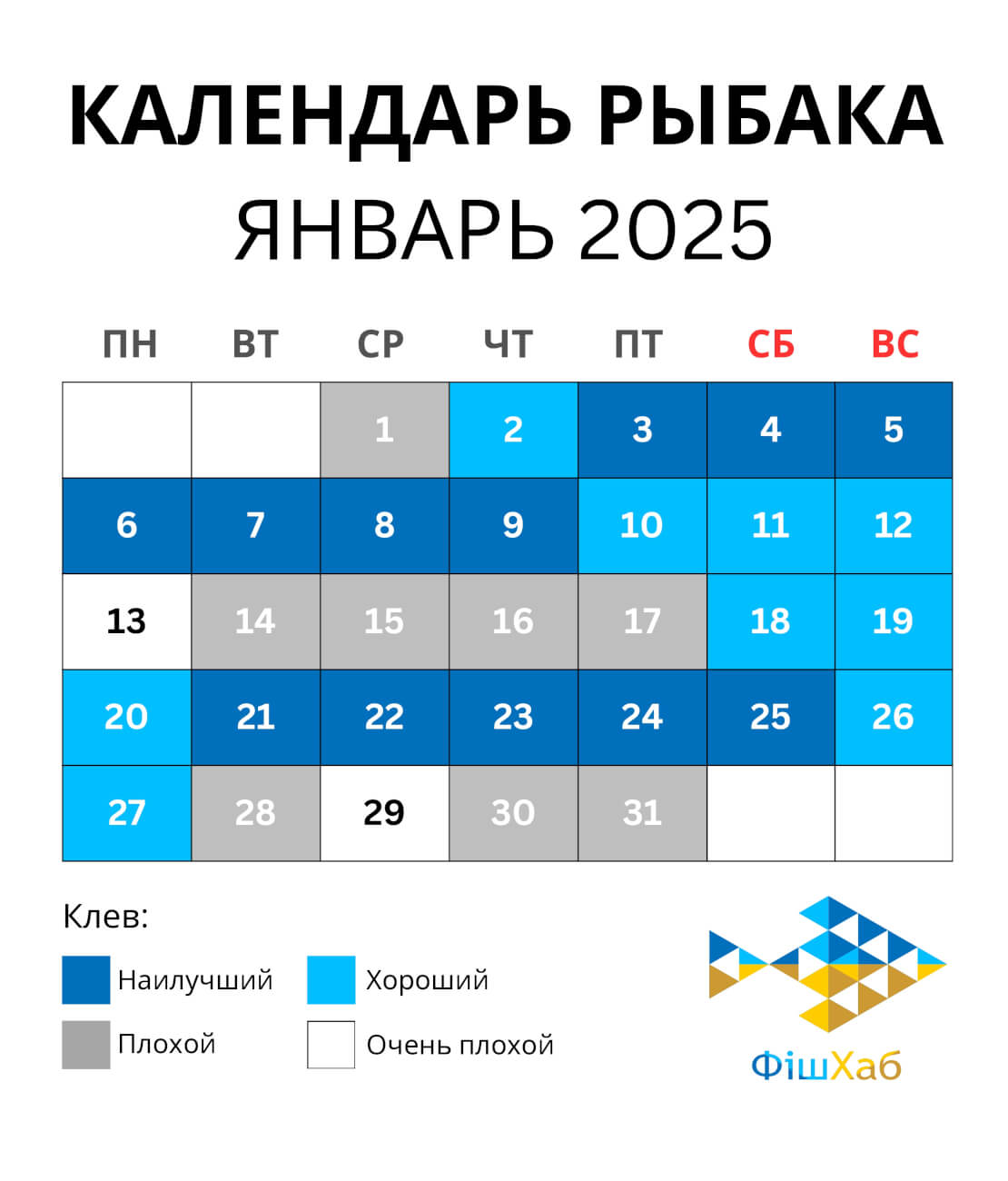 Календарь Рыбака на Январь 2025